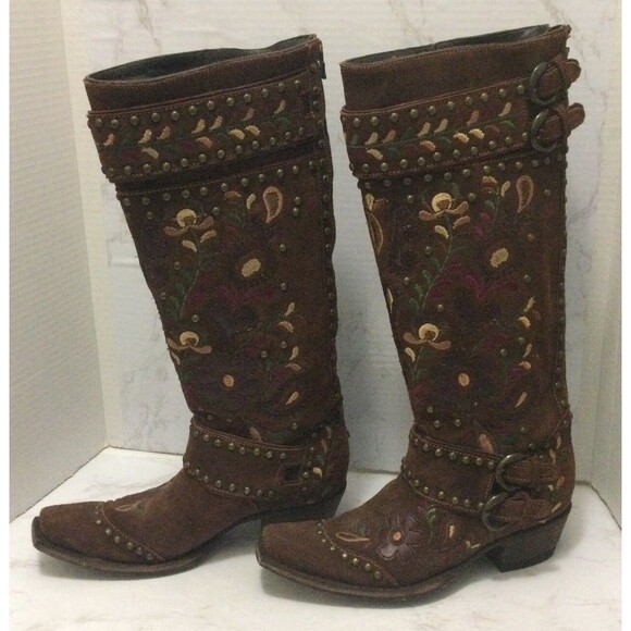 Double D Ranch Boots 7 B Old Gringo Knee High Embroidered Brown Suede - Picture 1 of 12